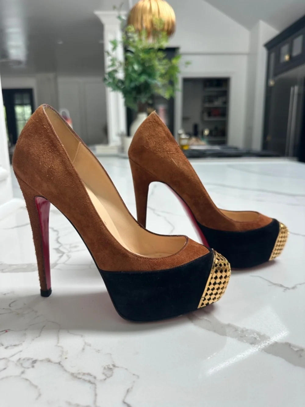 Christian Louboutin Suede Black and Camel Brown Heels Gold Toe 36 Sz